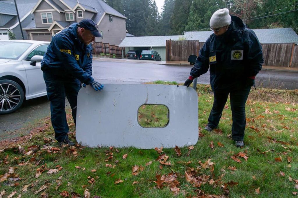 NTSB investigators have recovered the door plug from the Alaska Airlines Boeing 737-9 MAX, flight 1282 that was found in the backyard of a home in Portland, Oregon. © NTSB